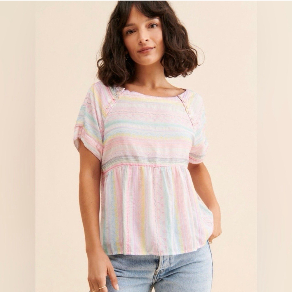 Anthropologie Letty Embroidered Pastel Neon Babydoll Top Boxy Oversized Small